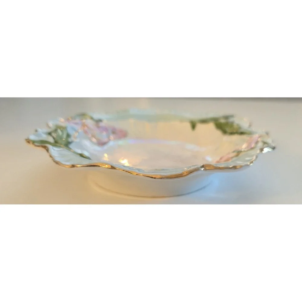 Vintage Floral Porcelain Relish Celery Dish Pink Lily Flowers Gold Gilt Accent